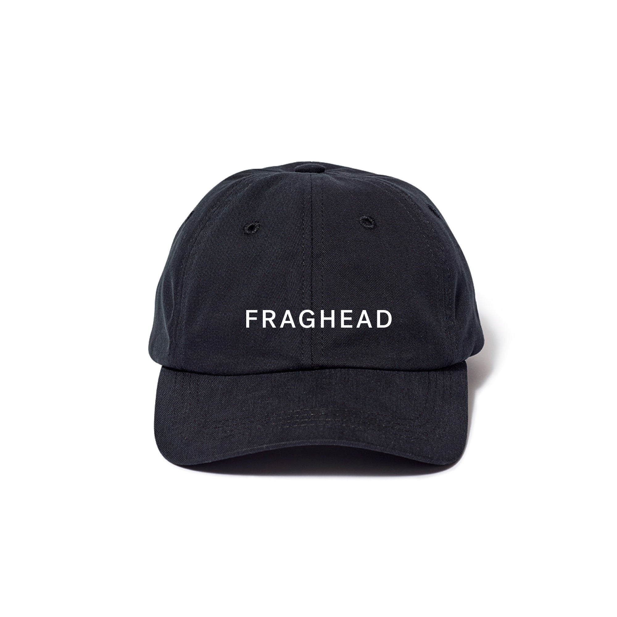A black unstructured 6-panel crown hat with 'FRAGHEAD' embroidered in white on the front.