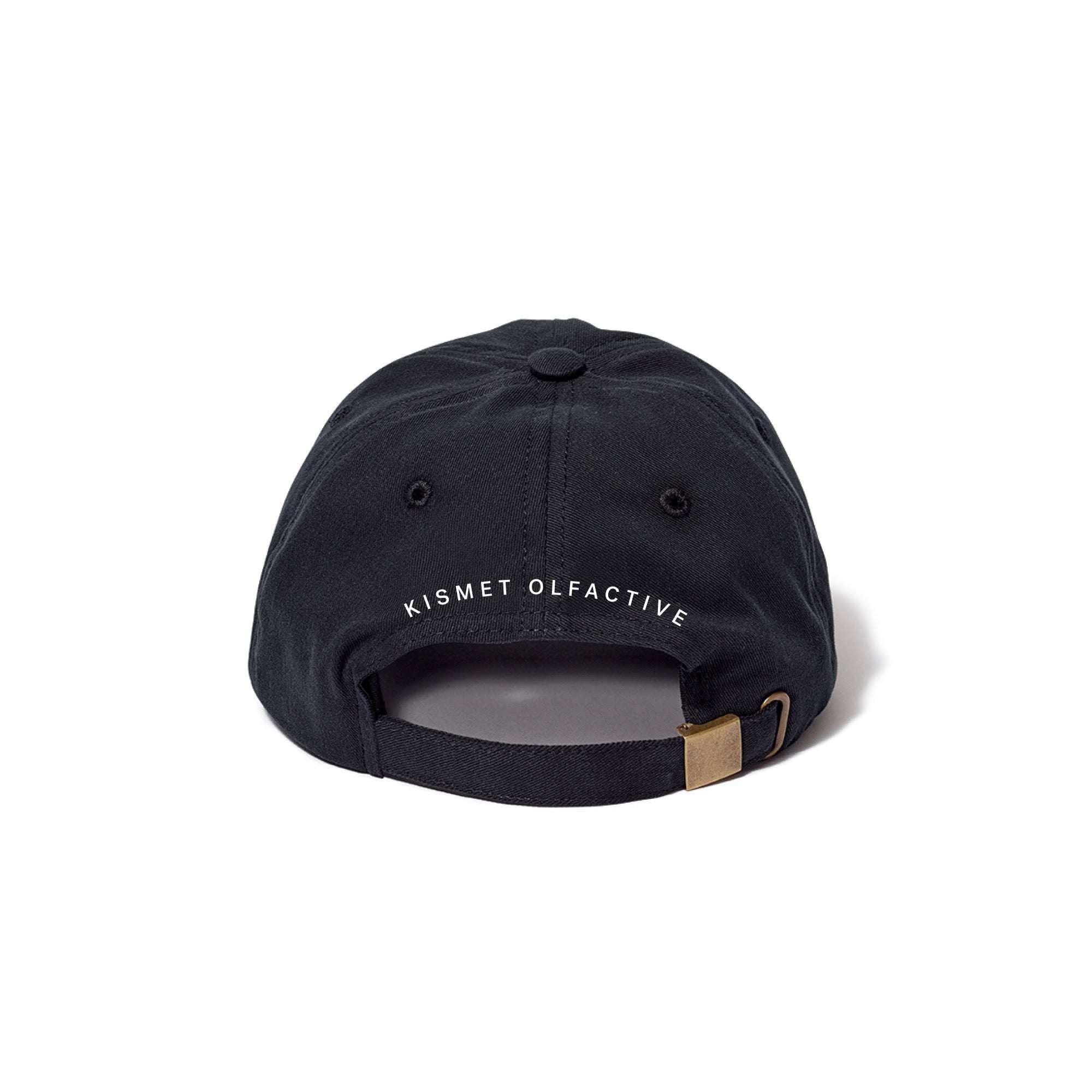 the back of a black unstructured cap with "kismet olfactive" mbroidered in white over the arch