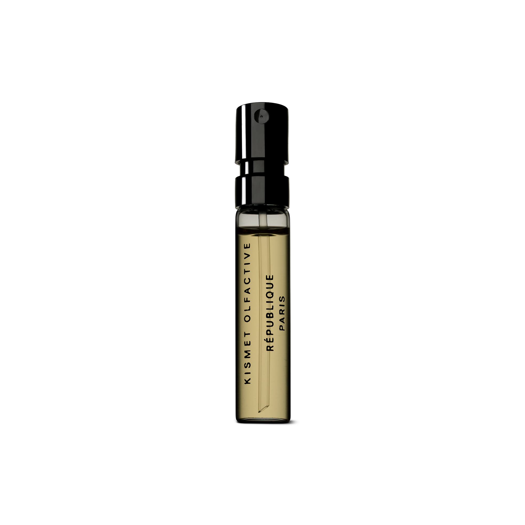 Small perfume sample vial bottle with black cap and text that says Republique Paris by Kismet Olfactive on a white background