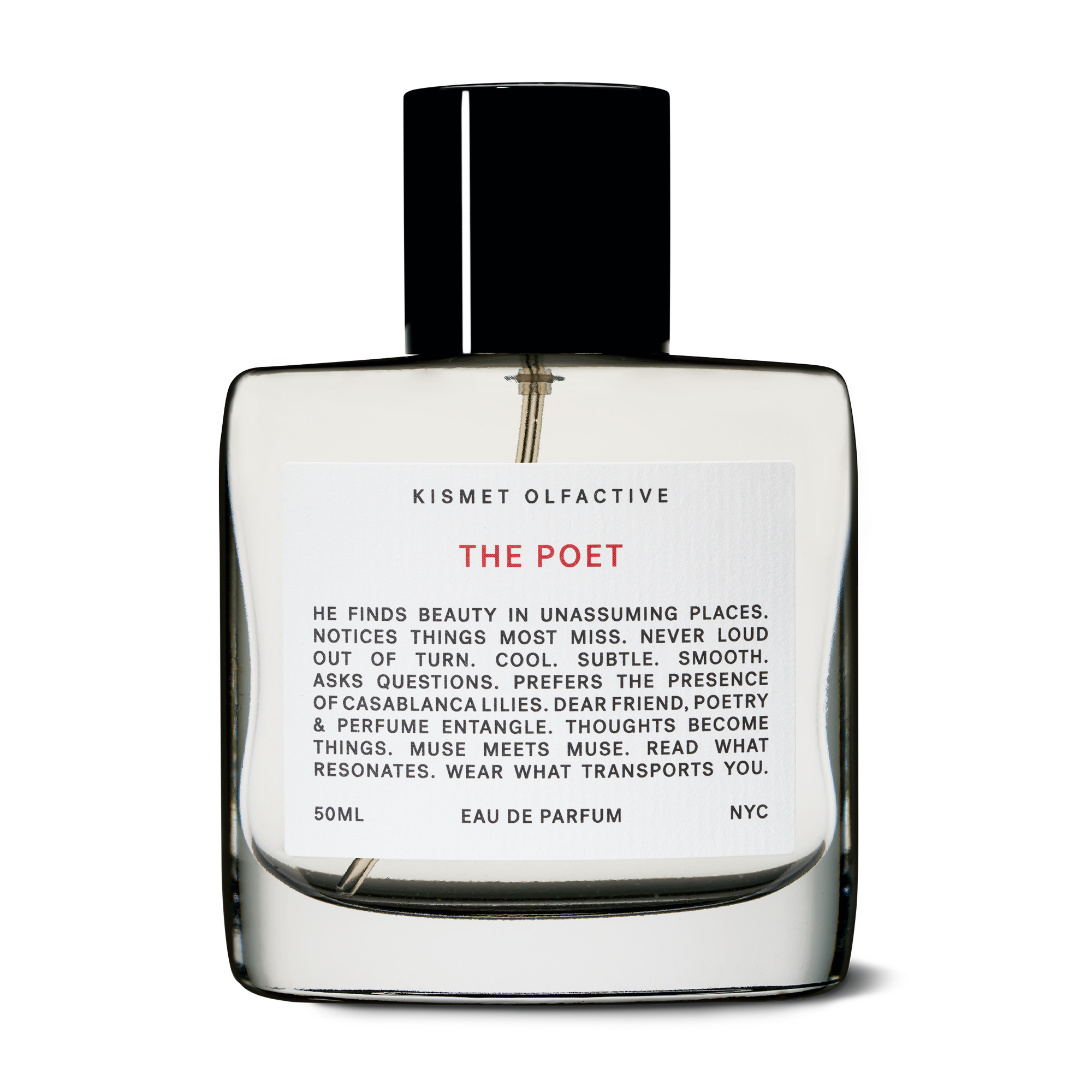 Perfume bottle labeled 'The Poet' by Kismet Olfactive on a white background