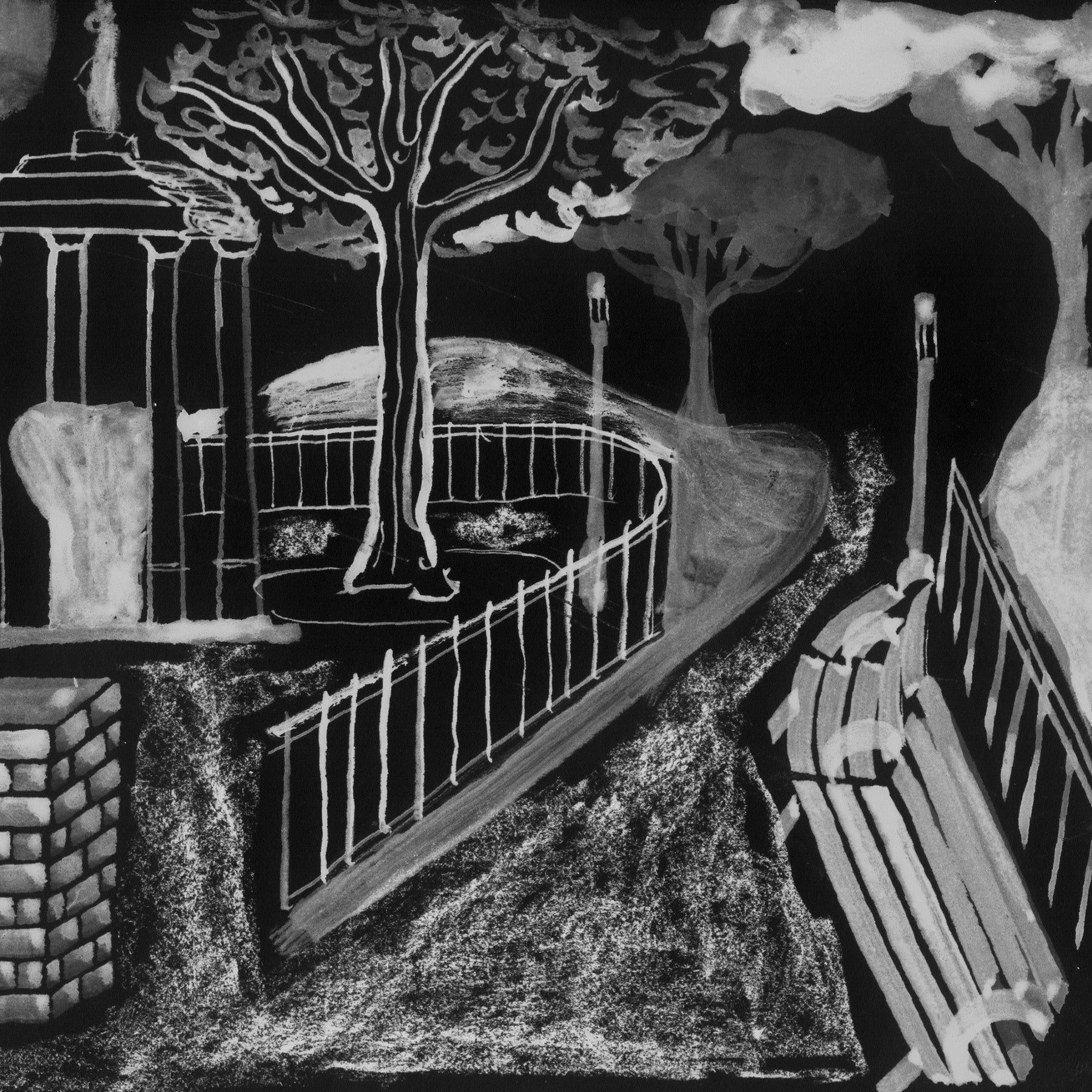 black and white drawing of tompkins square park in new york city