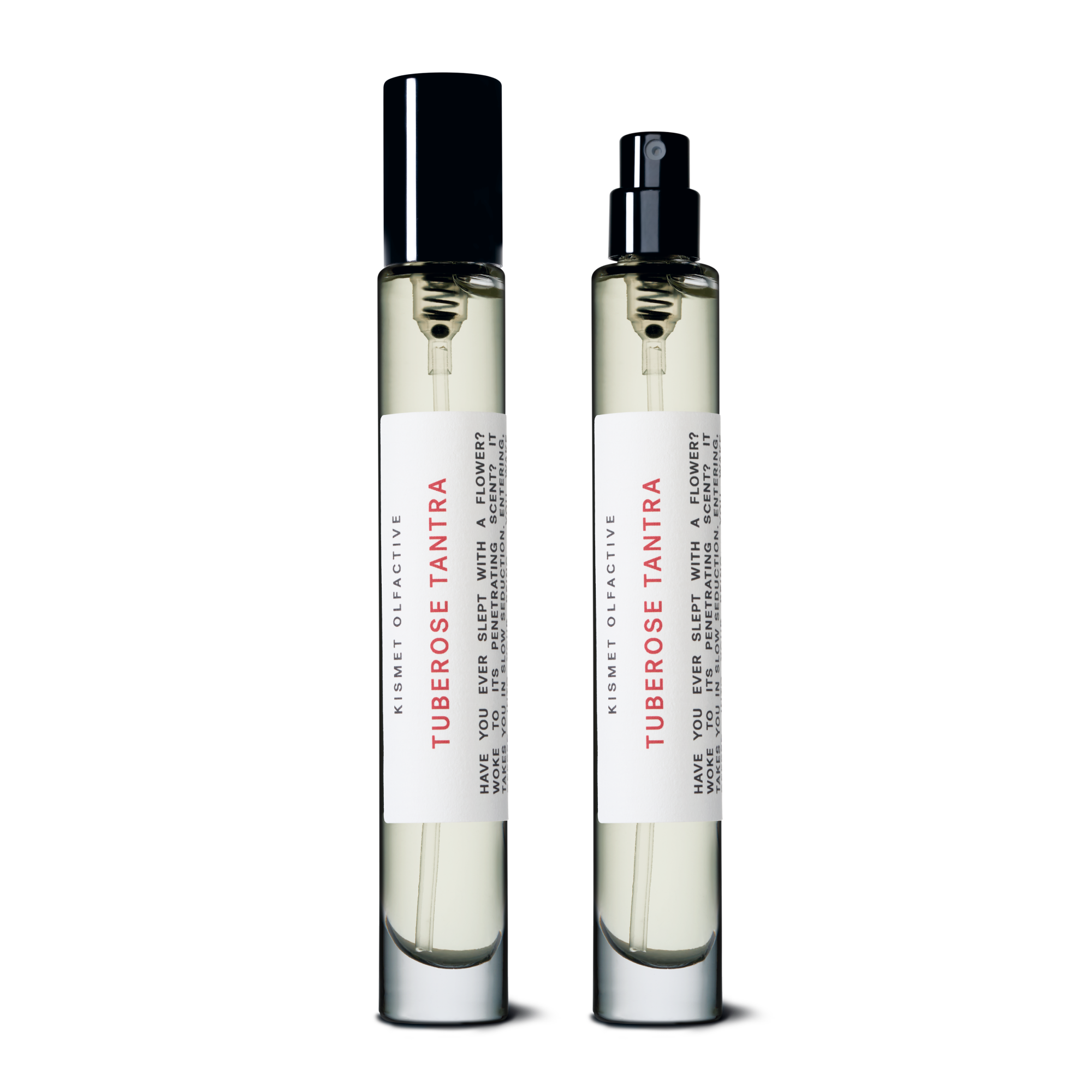Two perfume bottles with labels on a white background