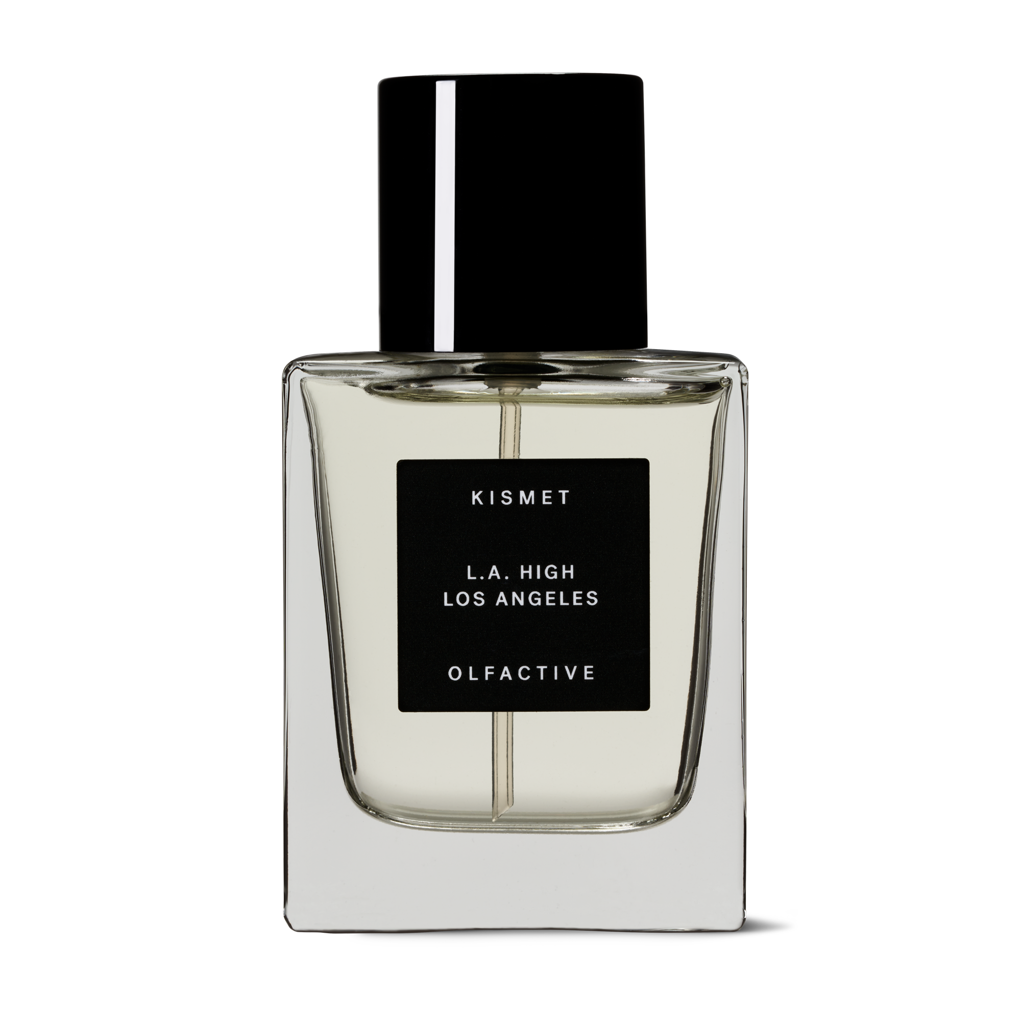 A square glass perfume bottle with a black cap and black label that says Kismet Olfactive L.A. High Los Angeles