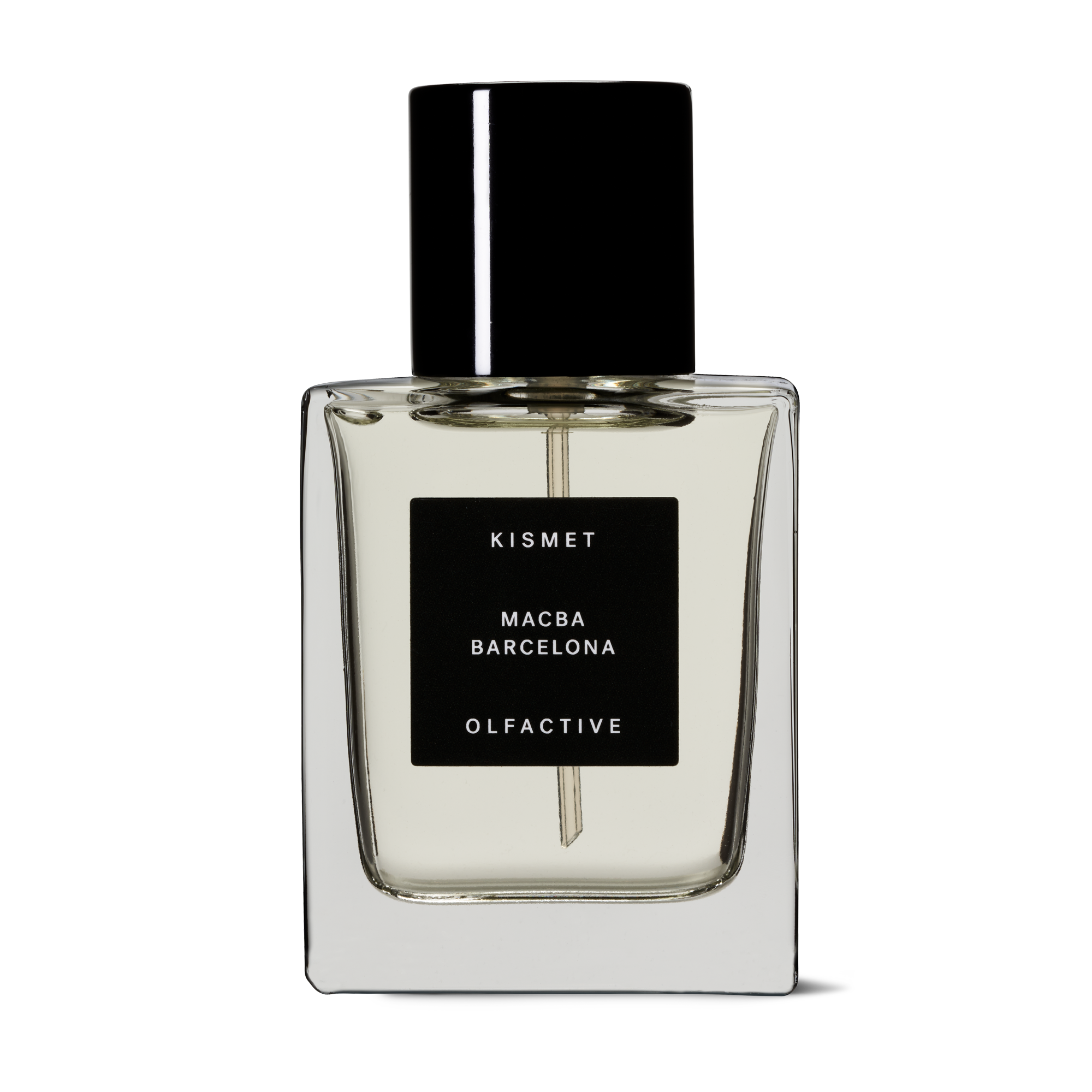 A square-shaped perfume bottle with a clear liquid visible inside, labeled 'KISMET MACBA Barcelona Olfactive'.