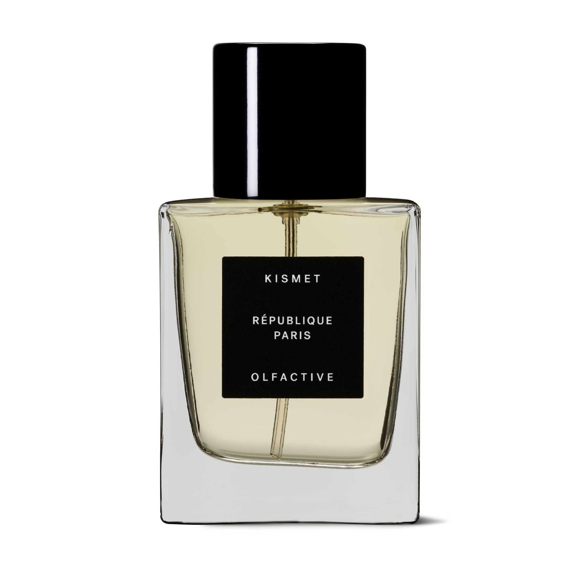 A clear glass perfume bottle with a black label that reads 'KISMET REPUBLIQUE PARIS OLFACTIVE'.