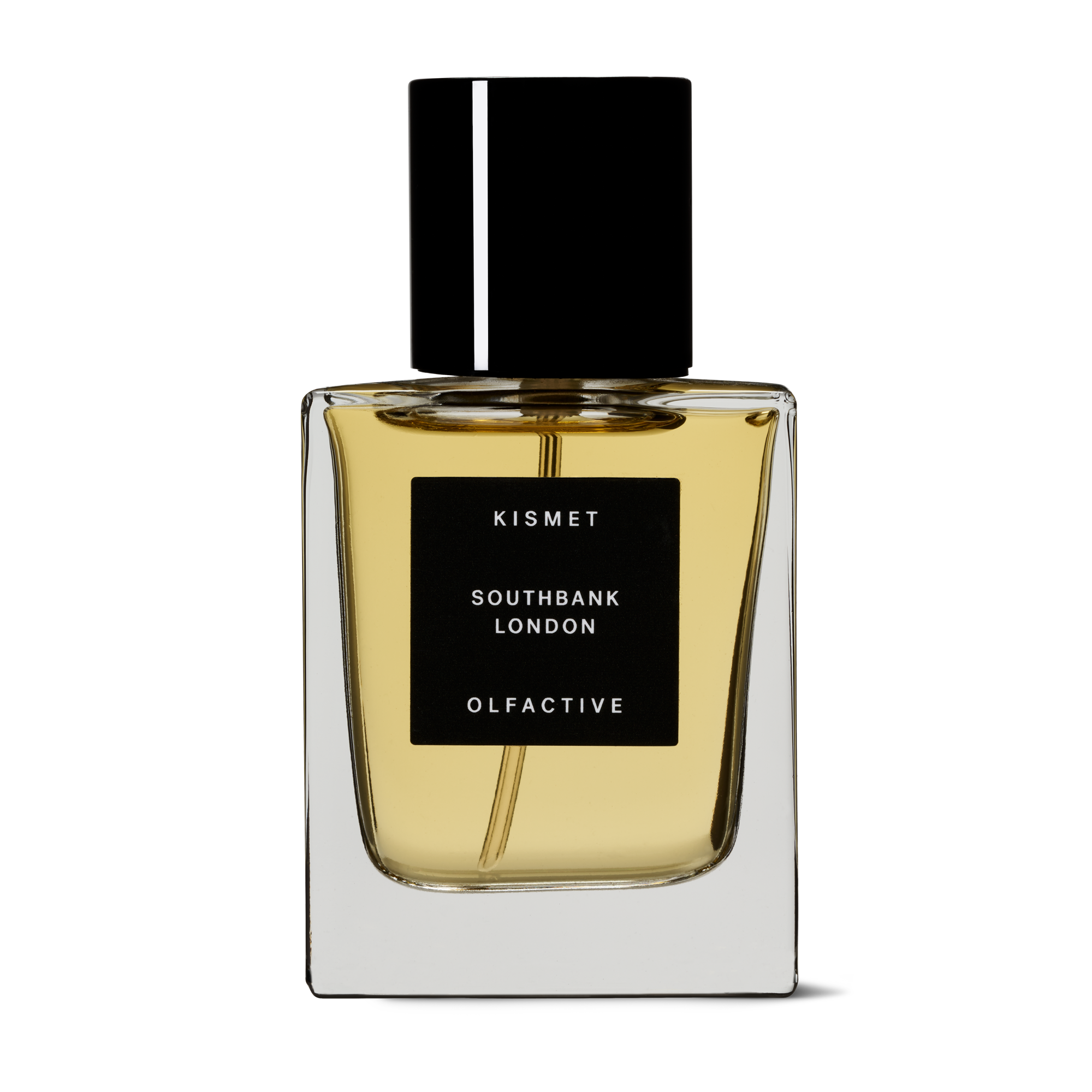 A clear glass bottle with a black label reading 'KISMET SOUTH BANK LONDON OLFACTIVE', containing a yellow-toned fragrance.
