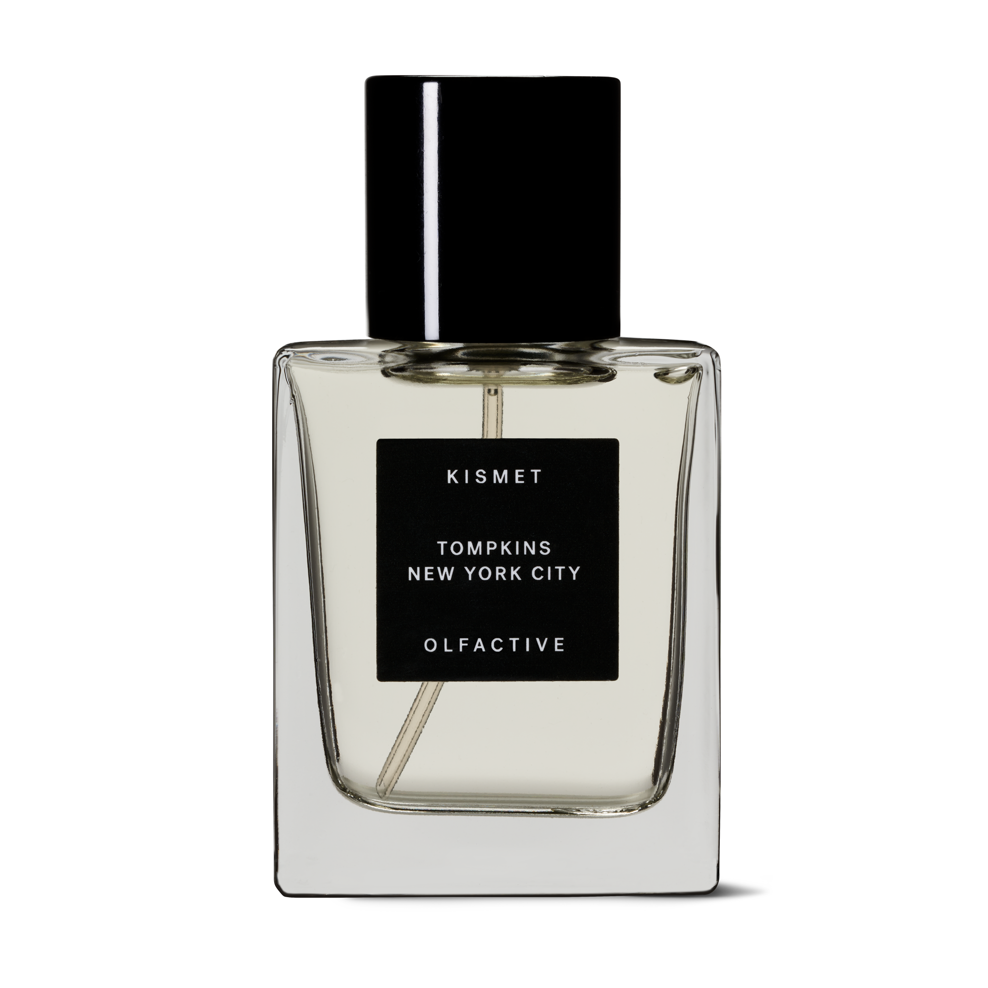 A square glass bottle of perfume with a black label that reads 'KISMET TOMPKINS NEW YORK CITY OLFACTIVE'.