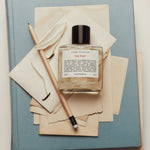 Perfume Bottle The Poet on top of a note book, envelope, papers, and a pen. 