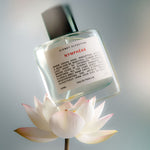 A clear glass perfume bottle labeled 'KIMSET OLFACTIVE Nymphéas' with a black cap, resting on a white lotus flower against a soft gray background.