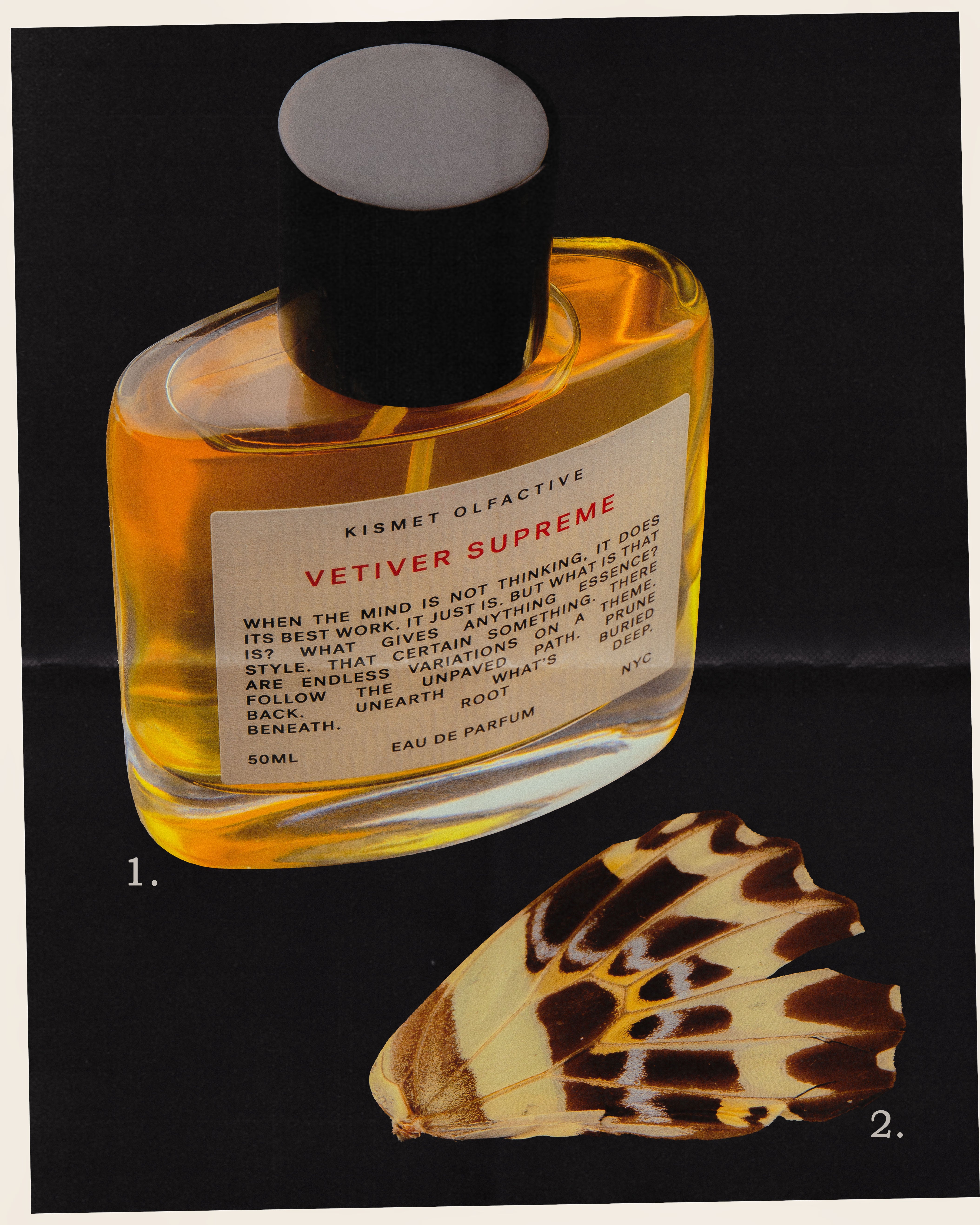 A 50ml bottle of Kismet Olfactive Vetiver Supreme Eau de Parfum with amber liquid and a black cap, shown against a black background with a butterfly wing graphic below and numbered callouts 1 and 2.