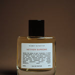 Kismet Olfactive Vetiver Supreme eau de parfum bottle on a brown background