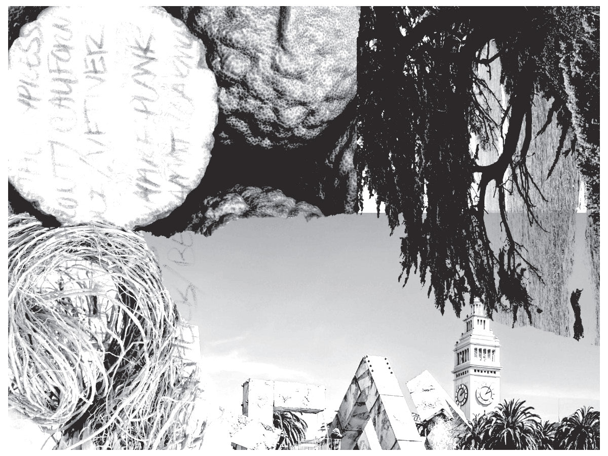 Black and white illustration of a clock tower with text and natural elements.