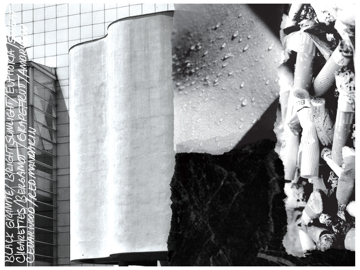 Collage of a building, close-up of a surface, and a sculpture.