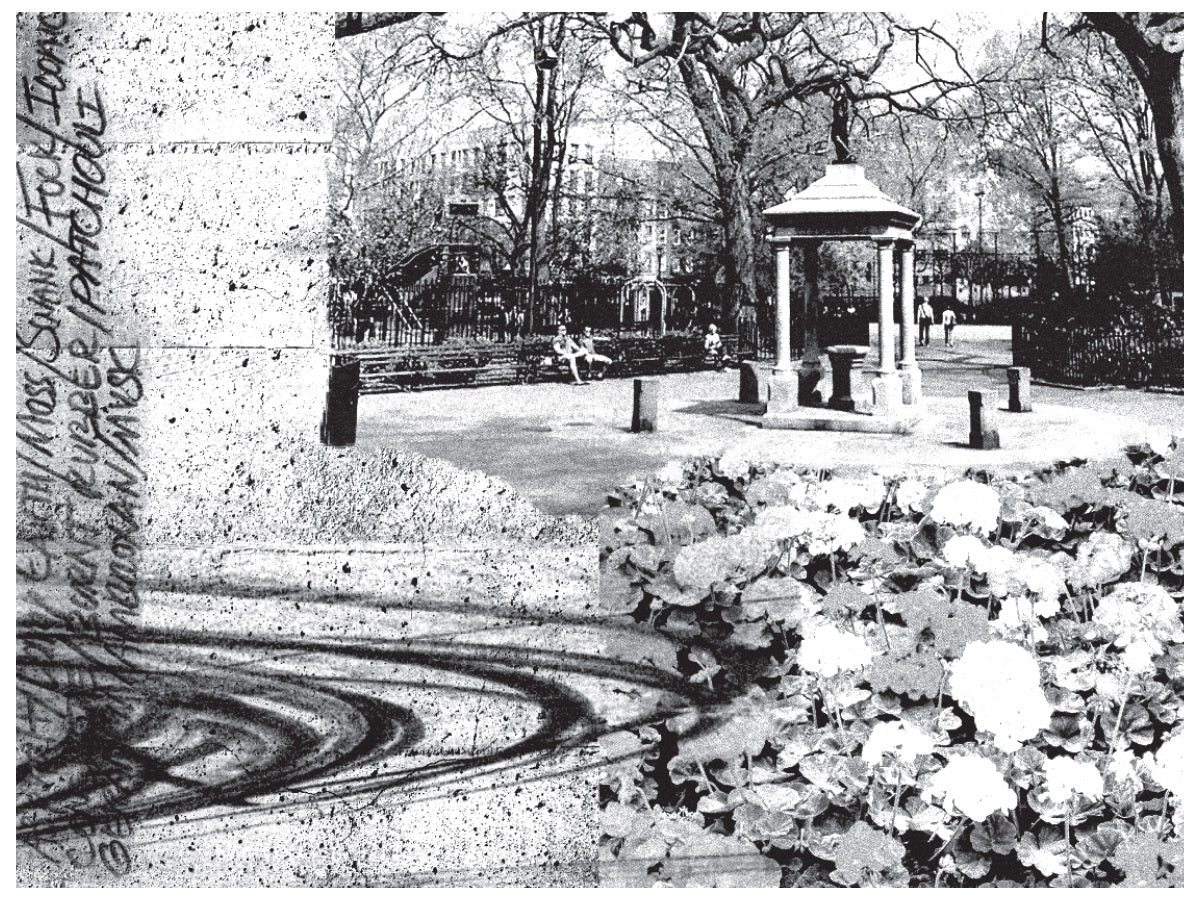 Black and white photograph of a park with a fountain and people sitting on a bench.